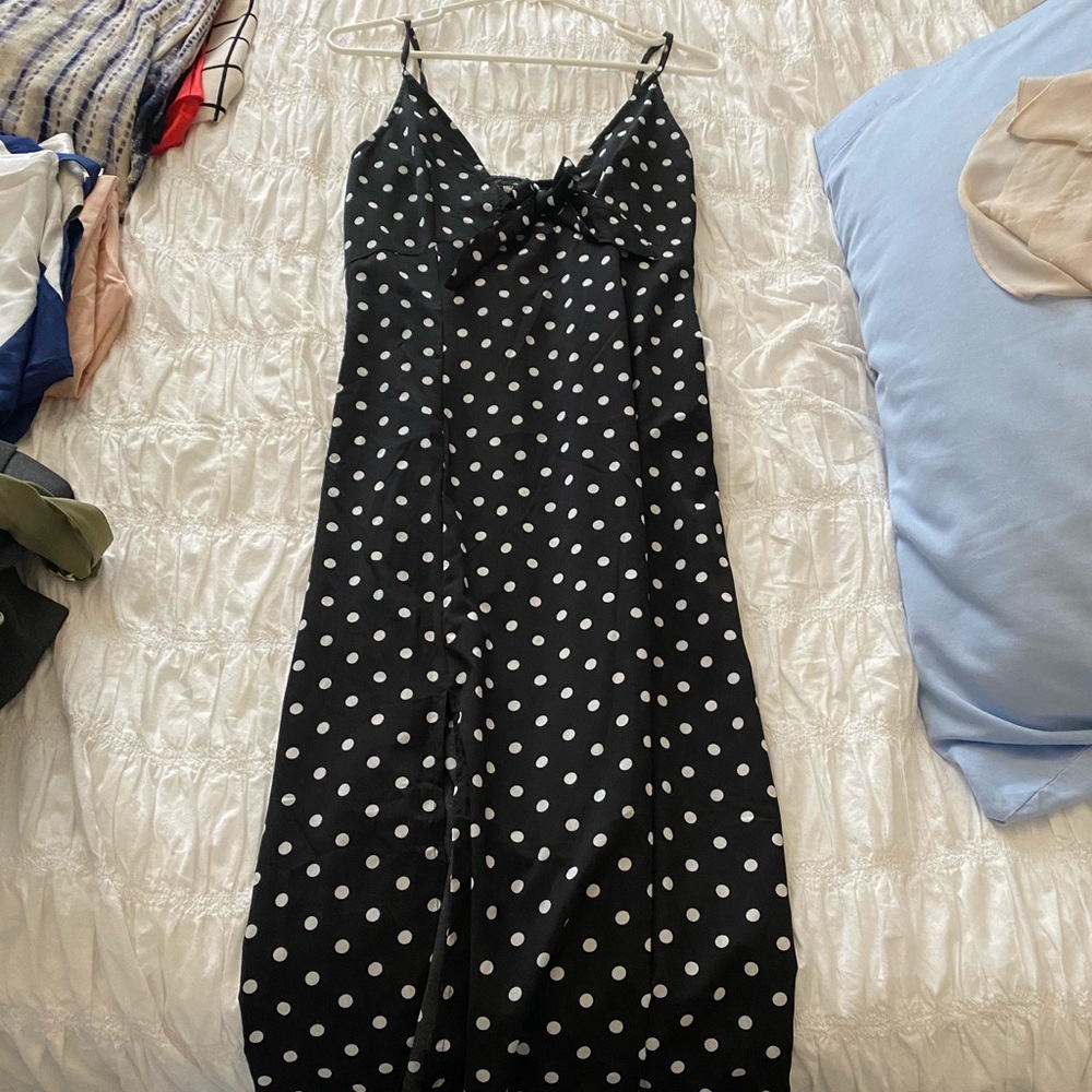 Polka dot midi dress with front slits